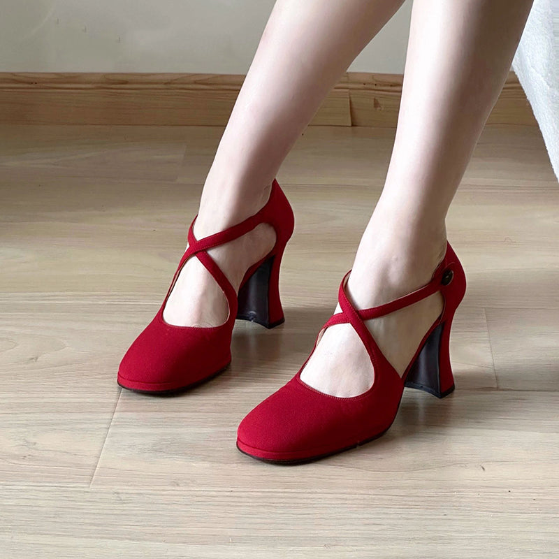 Red round toe cross-strap Roman high heels