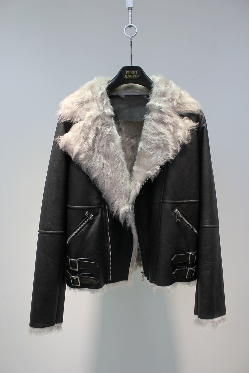Soft small lake sheep fur all-in-one slim and stylish motorcycle jacket