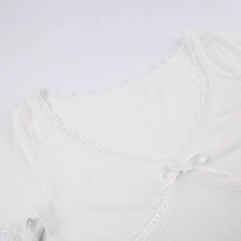 V-neck lace stitching bow short T-shirt