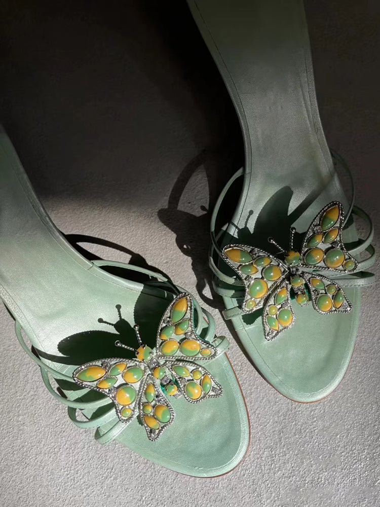 Niche metal butterfly decorated thin heel open toe flip flops