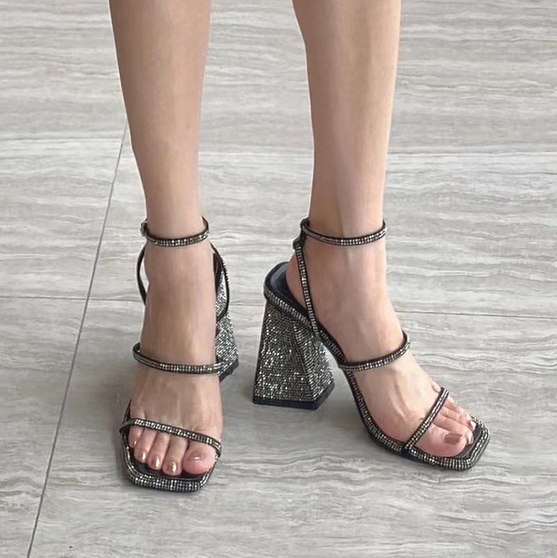 Luxurious rhinestone square toe strappy high heels