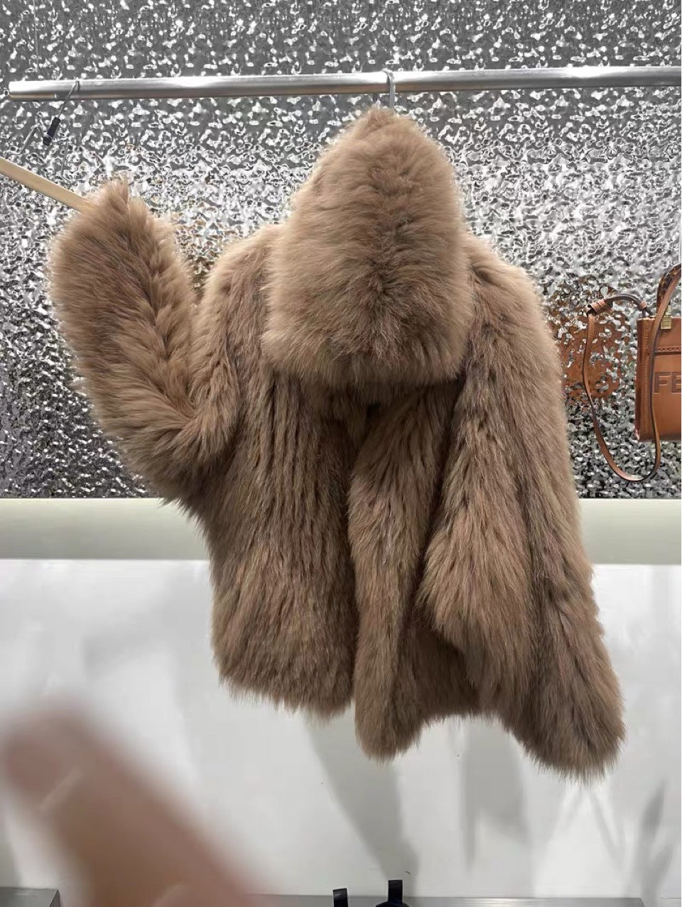 Double-woven fox fur hooded bear mid-length fur coat