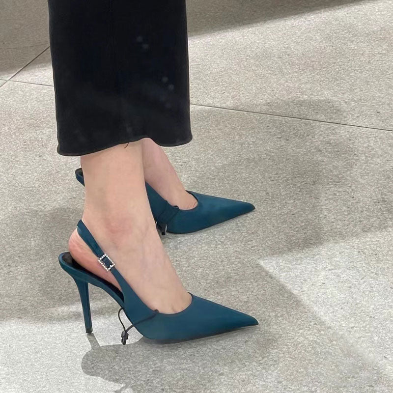 Blue pointed toe French rhinestone white high heels