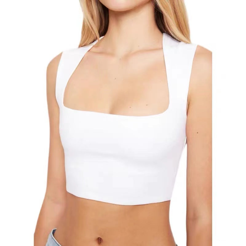 Black and white short square neck slimming wide shoulder strap top