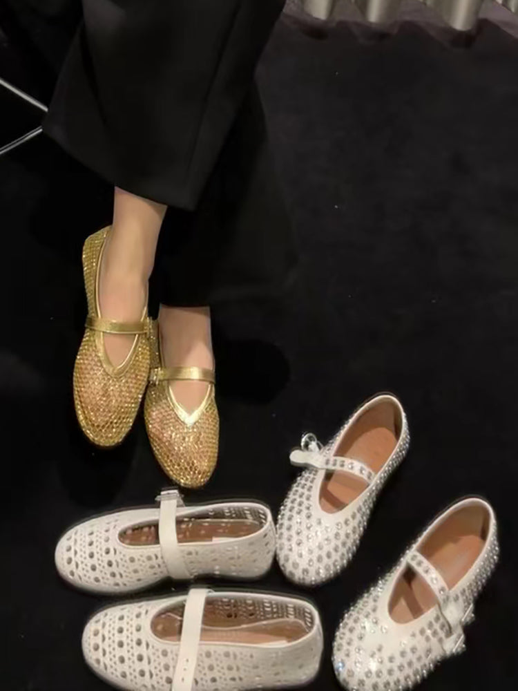 Round Toe Rhinestone Mesh Mary Jane Studded Ballet Shoes