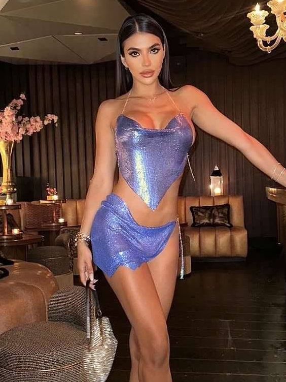 Women's metal sequin suspender skirt set dress metal top min