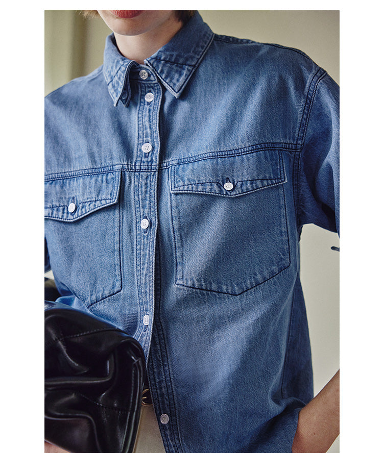 Light washed linen peak collar denim shirt