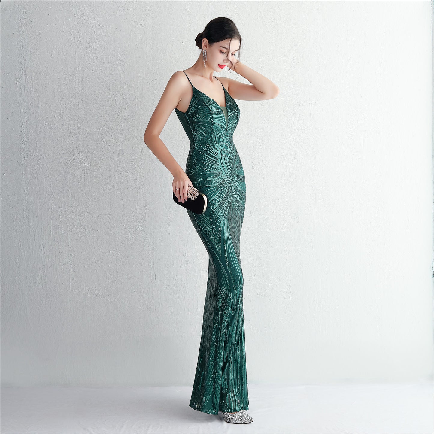 Sequined fishtail long evening dress
