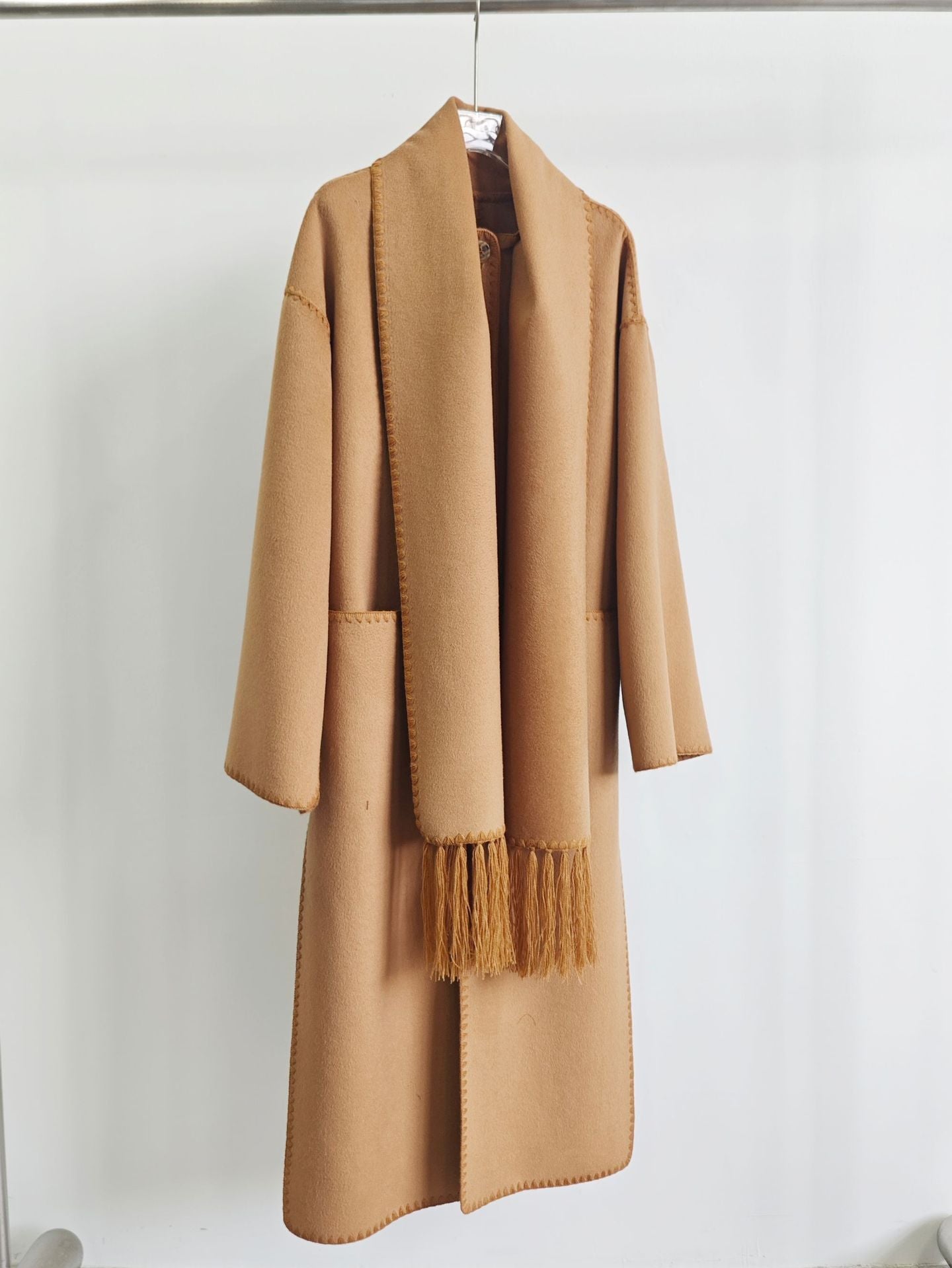 Autumn and winter loose slim camel wool blend embroidered scarf coat