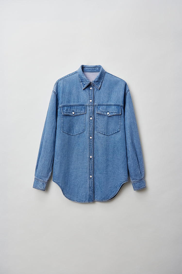 Light washed linen peak collar denim shirt