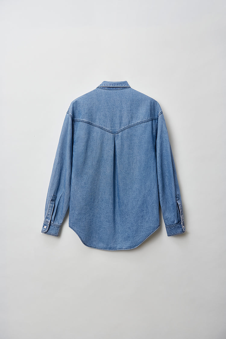 Light washed linen peak collar denim shirt