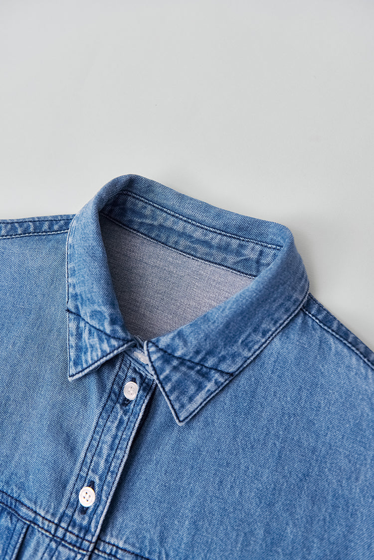 Light washed linen peak collar denim shirt