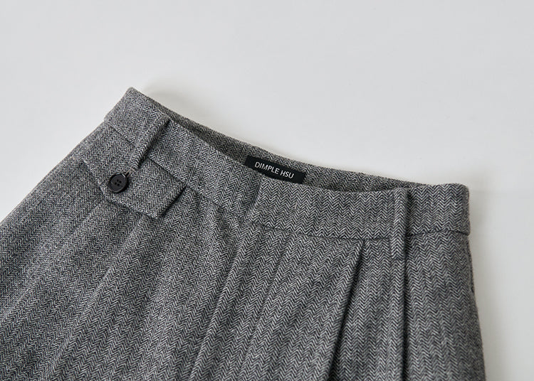 Herringbone pattern Australian wool trousers baggy wide leg trousers