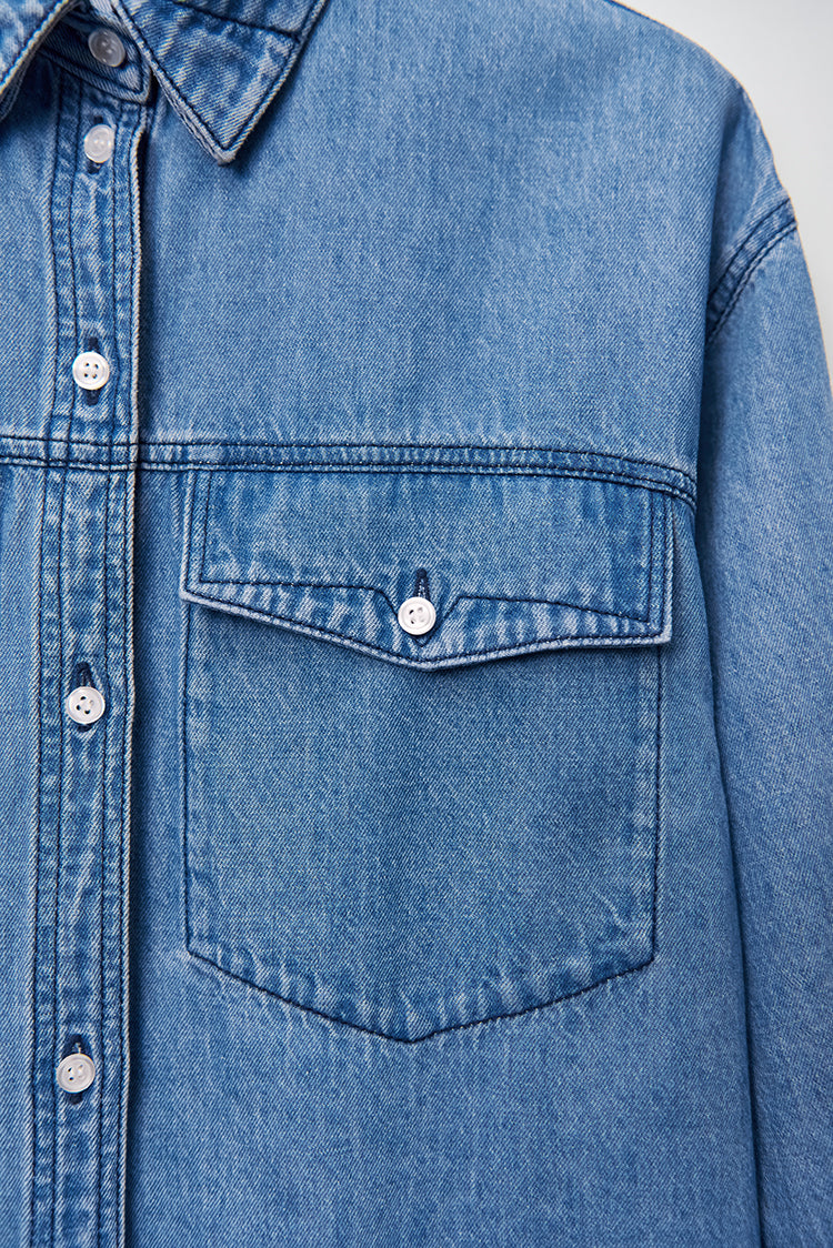 Light washed linen peak collar denim shirt
