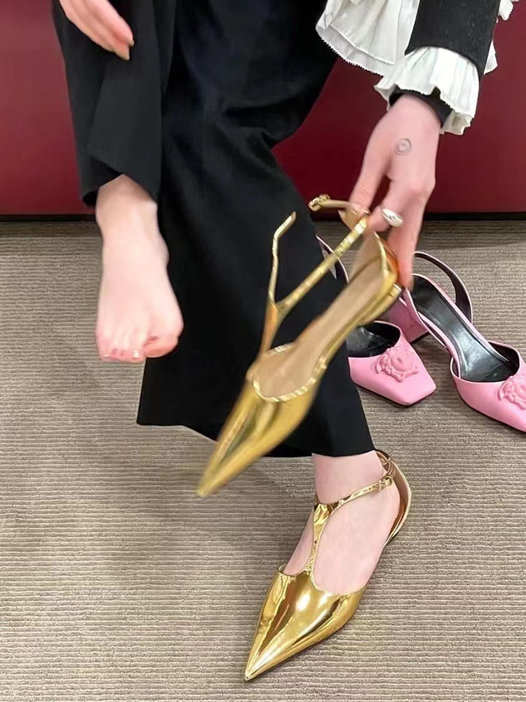 French gold pointed toe flat Mary Jane shoes