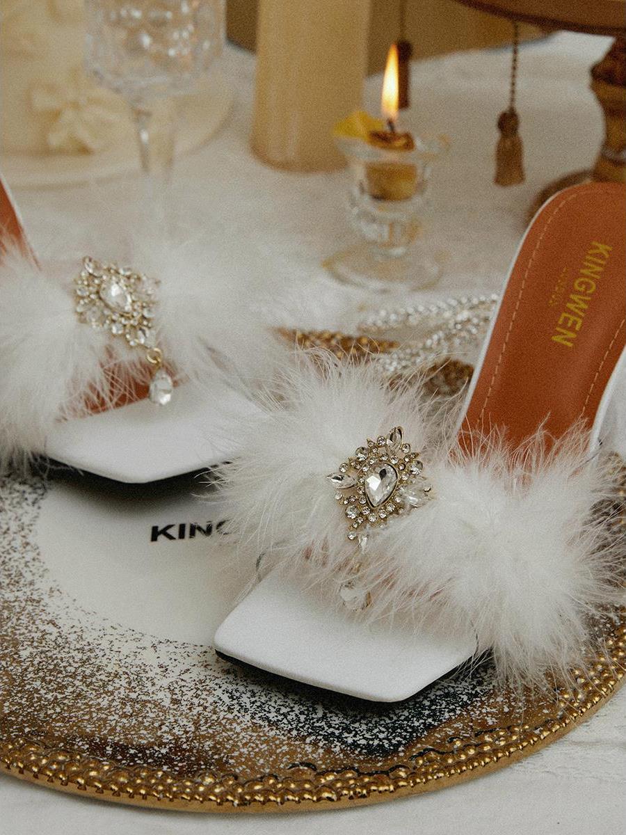 Rhinestone fur high heels slippers sandals