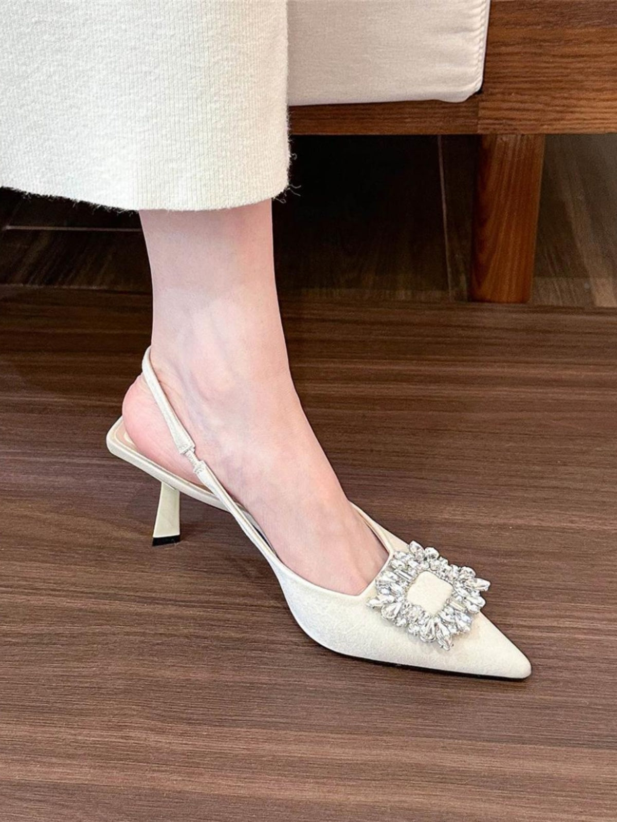 Pointed square buckle rhinestone high heel satin toe shoes
