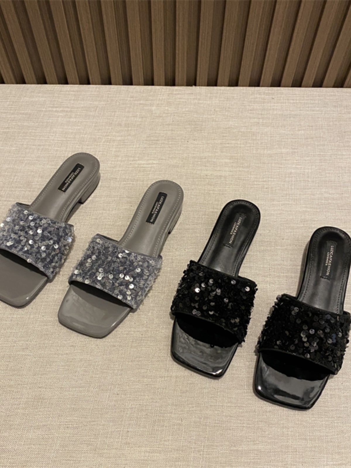 Wear elegant black rhinestone thick heel square toe sandals