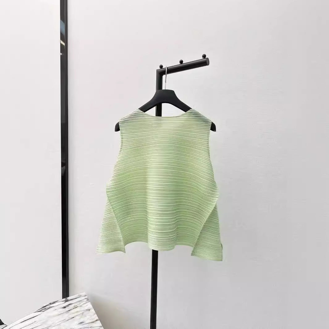 French Irregular Pleated Sleeveless Vest Top Elastic Waist Straight Pants Suit