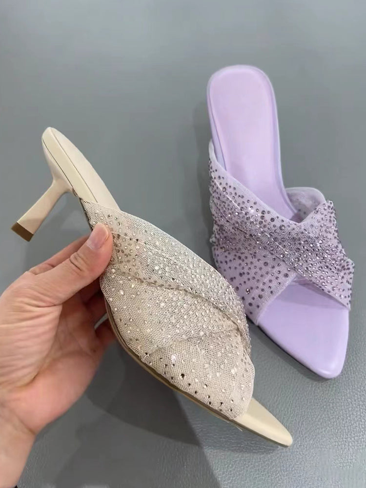 French sweet rhinestone soft gauze stiletto sandals