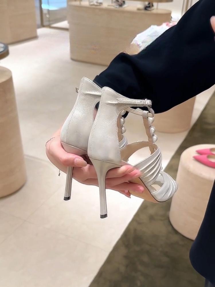 White Roman pleated open-toe high heels