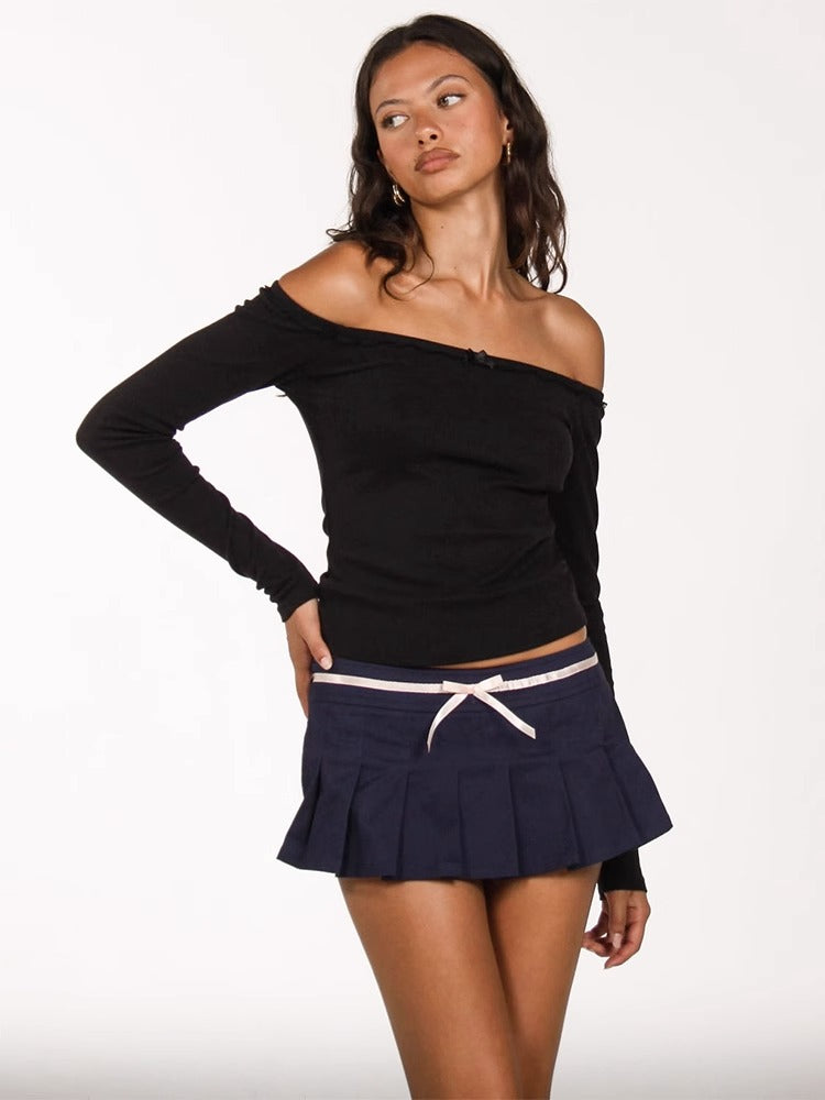 One-shoulder off-shoulder lace bow slim fit bottoming shirt