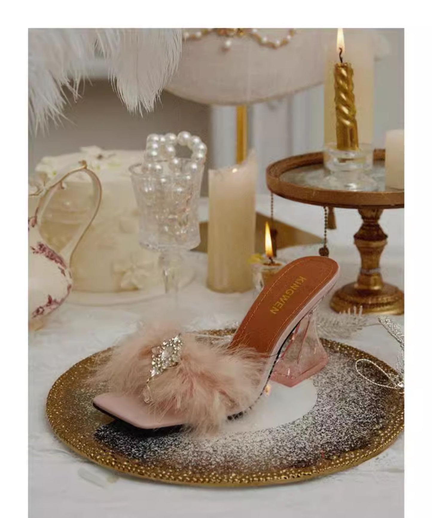 Rhinestone fur high heels slippers sandals