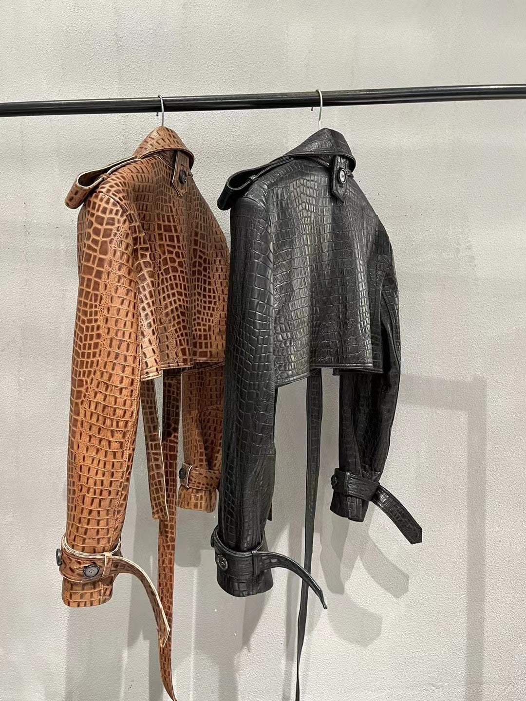 Crocodile print sheepskin leather biker jacket
