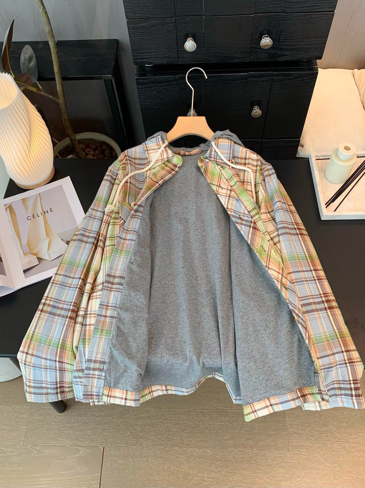 Check knitted hooded shirt jacket