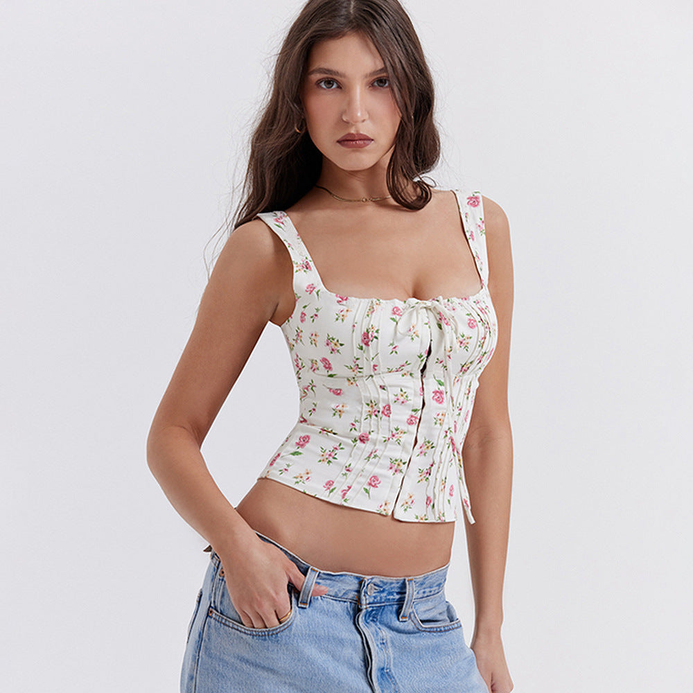 French square neck floral sleeveless vest