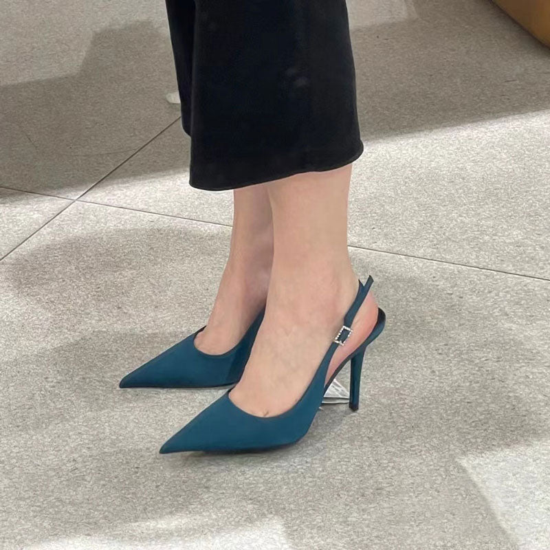 Blue pointed toe French rhinestone white high heels