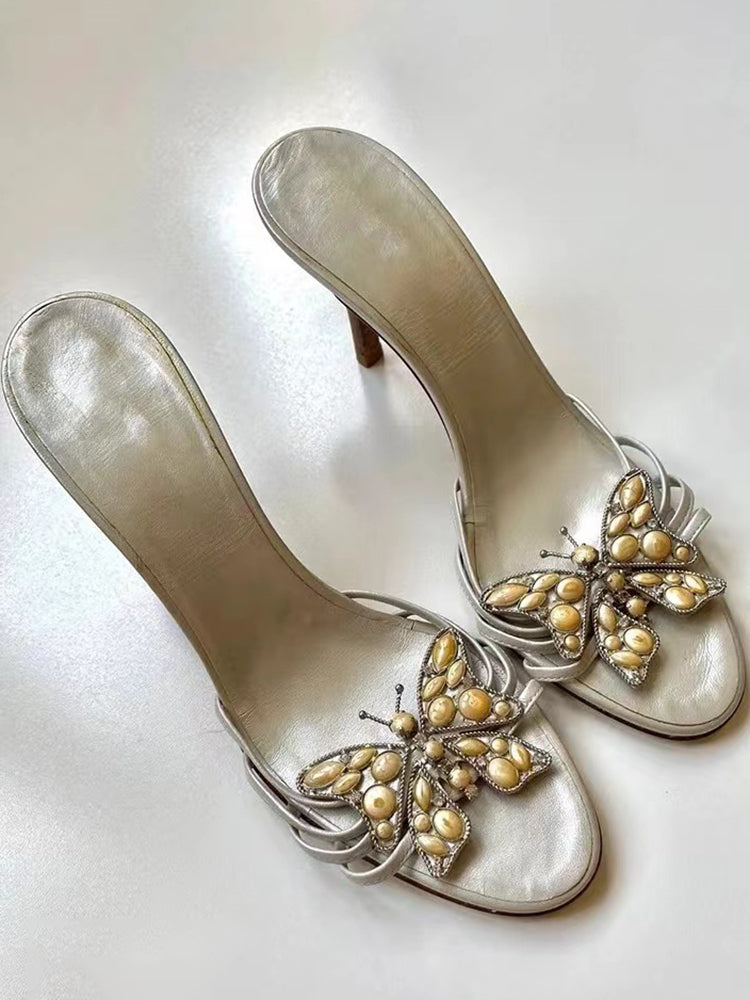 Niche metal butterfly decorated thin heel open toe flip flops
