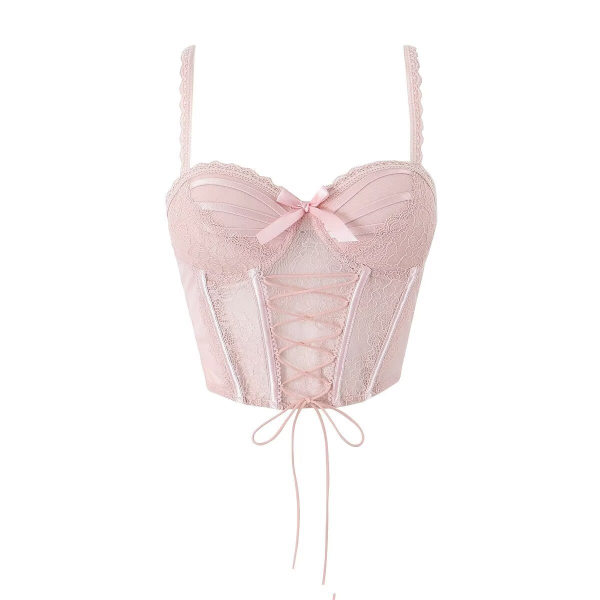 Pink bow lace herringbone suspender belt