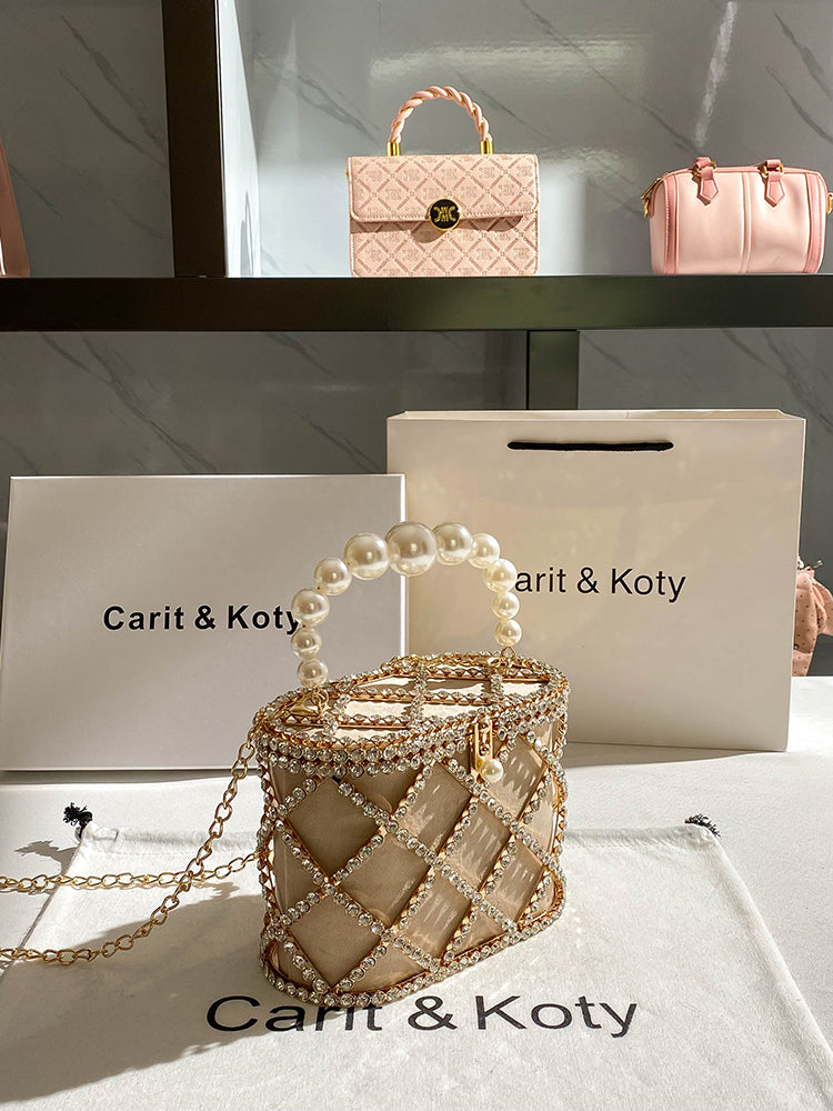 French bucket pearl rhinestone chain bag hand-held