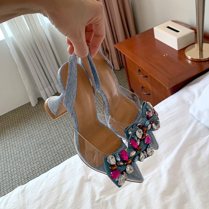 Transparent colorful rhinestone pointy toe sandals