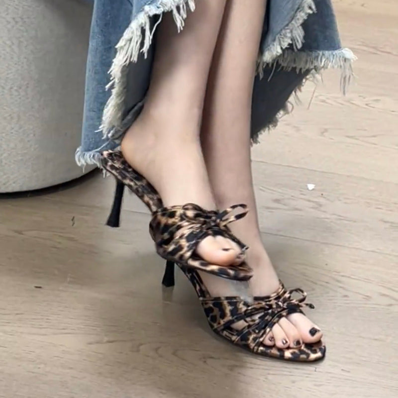 Leopard print versatile stiletto open toe bow high heel sandals