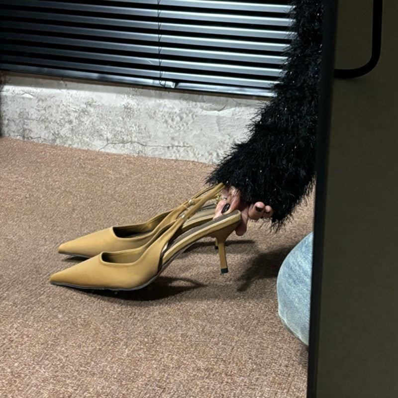 French style shallow stiletto pointed toe back strap cap toe high heels