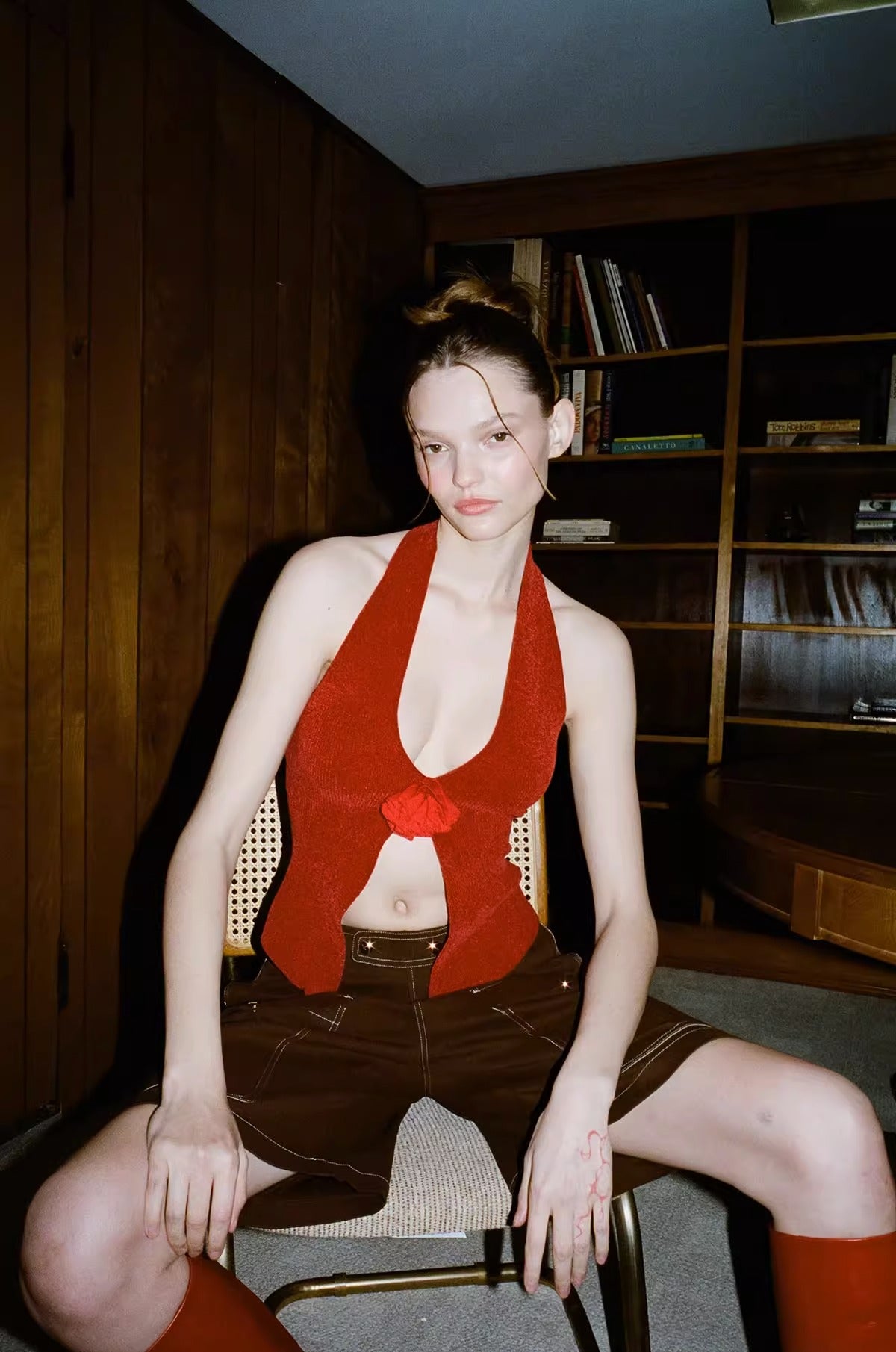 Red three-dimensional flower halter neck tank top