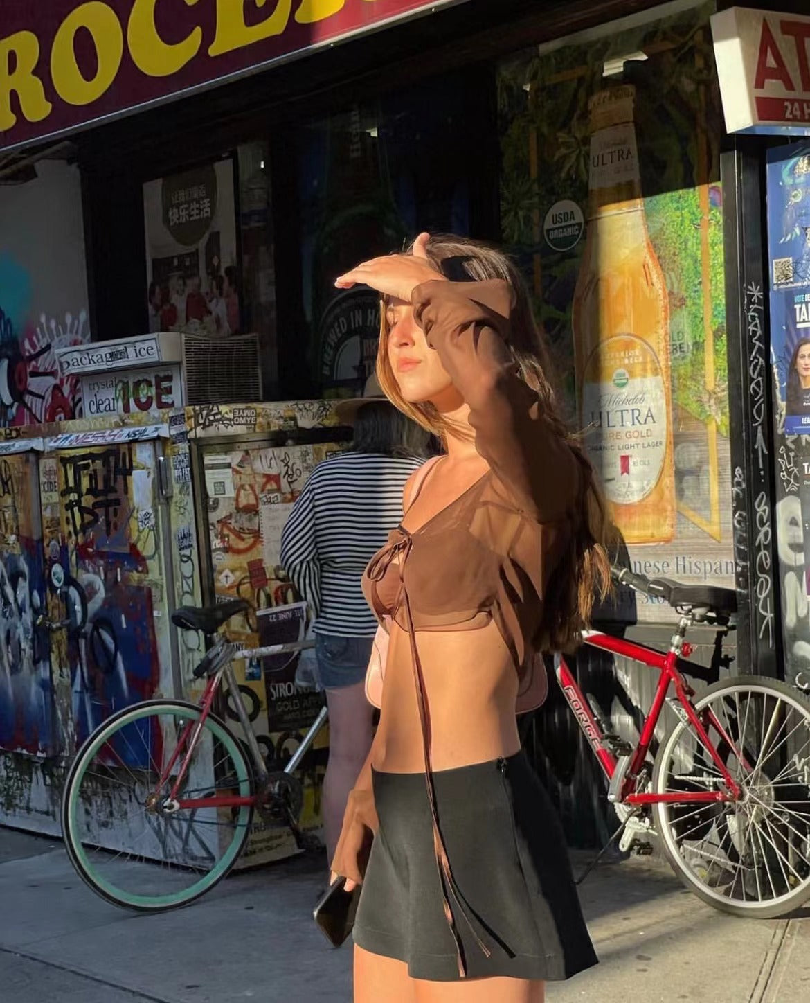 Bell sleeve cardigan short see-through top