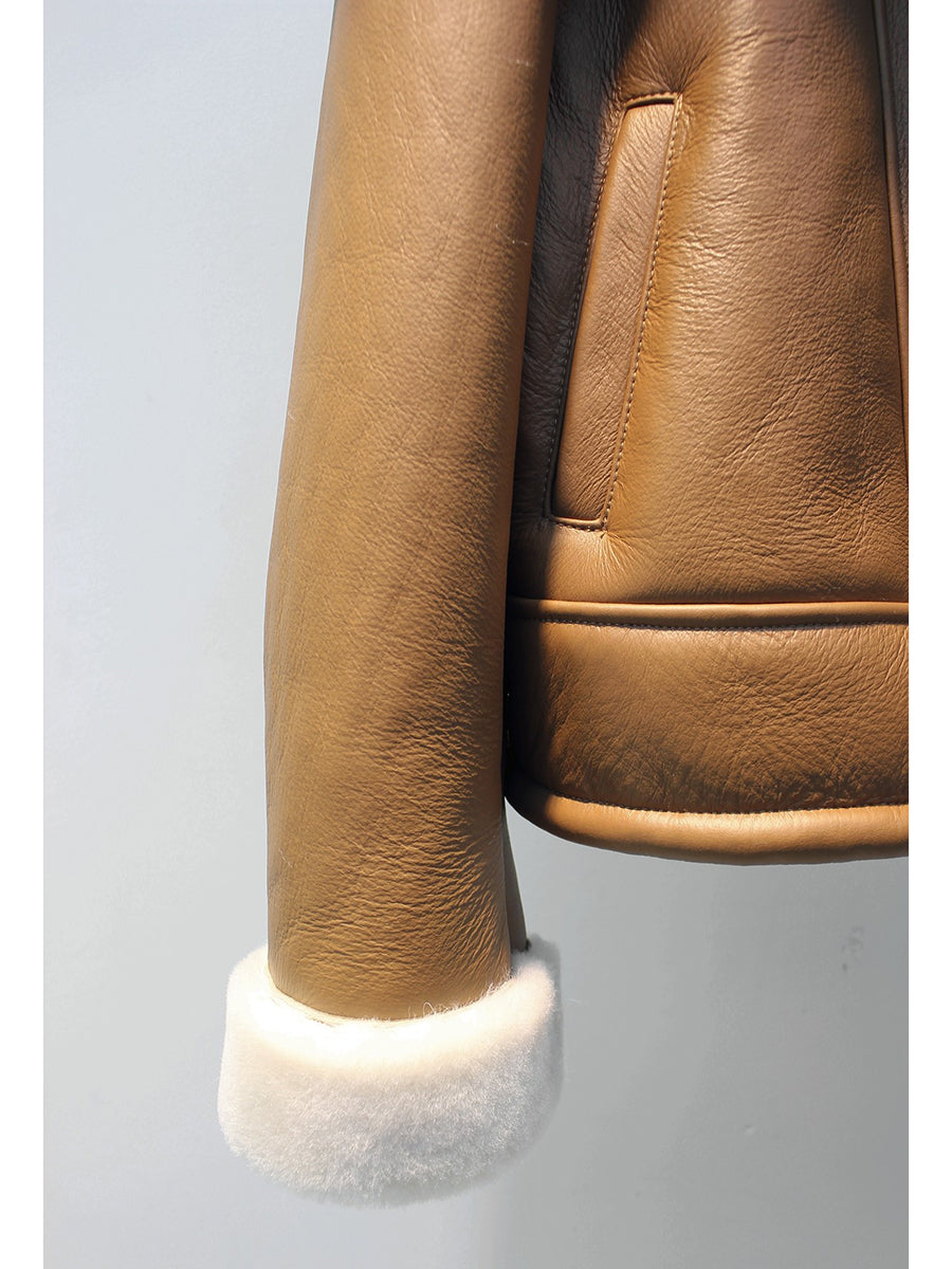 Lmported sheepskin one-piece large lapel motorcycle jacket lambswool coat