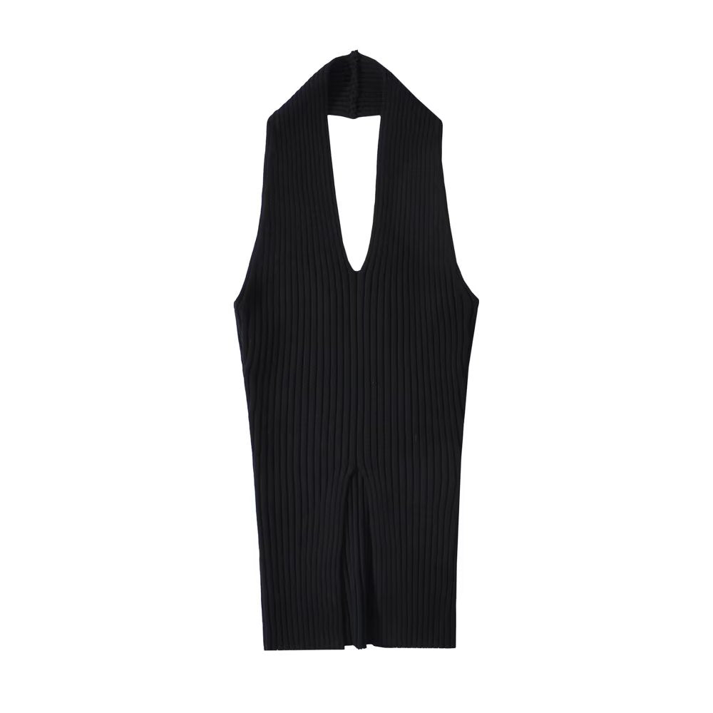 V-neck halter neck slit knit vest top