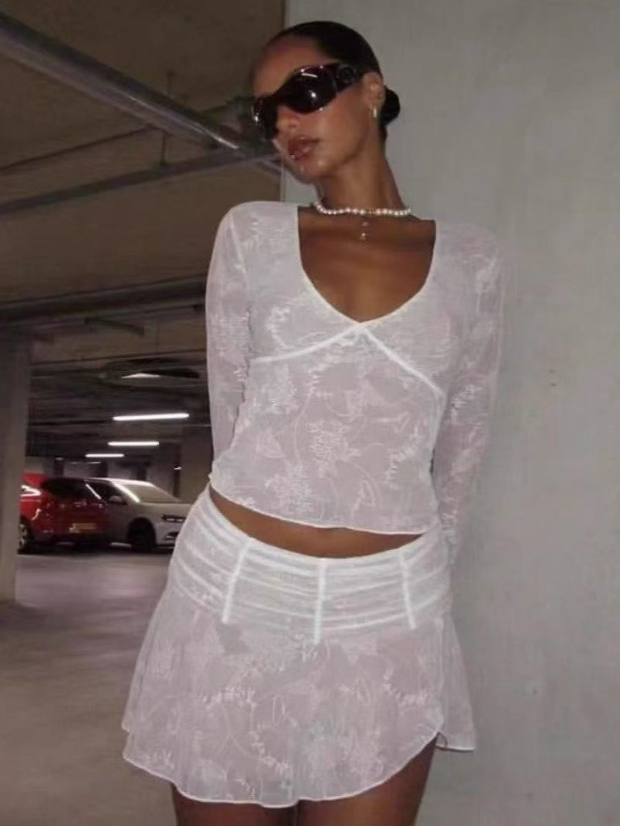 Low-cut lined V-neck lace top