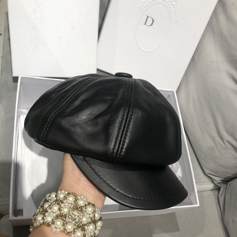 Genuine leather women's British vintage lambskin octagonal beret