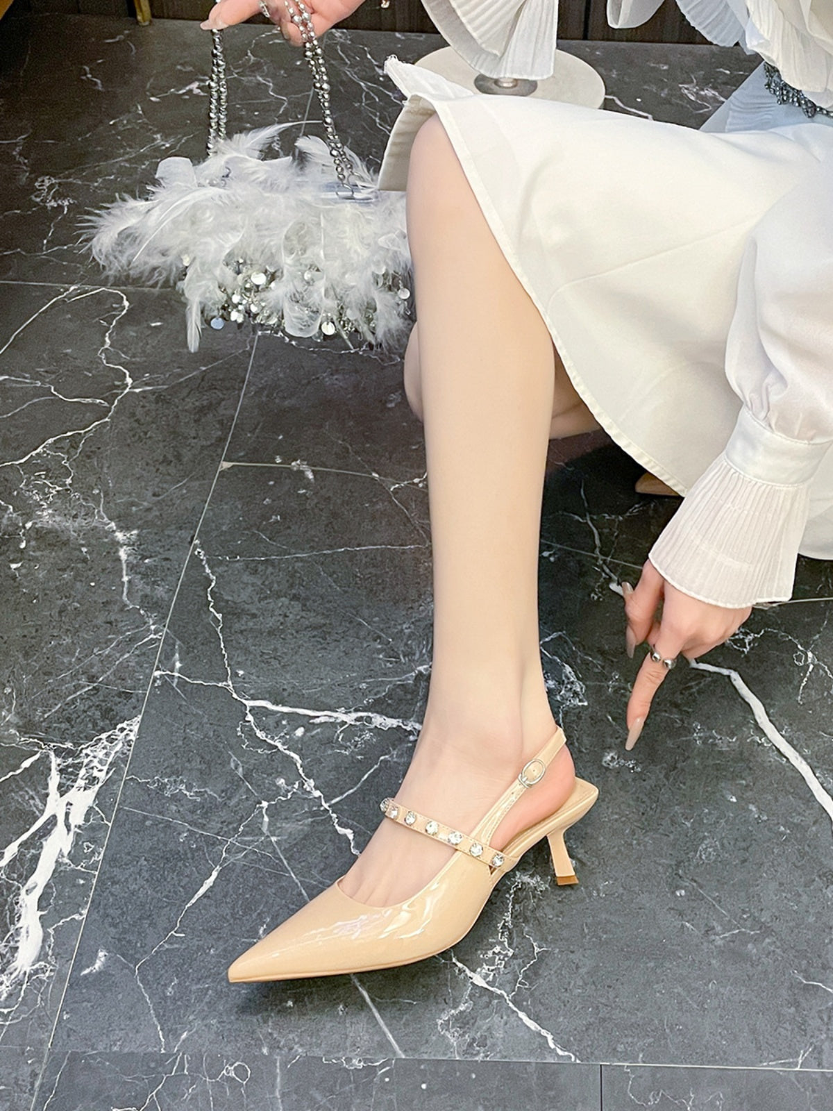 French patent leather pointed-toe rhinestone sheepskin high-heeled shoes