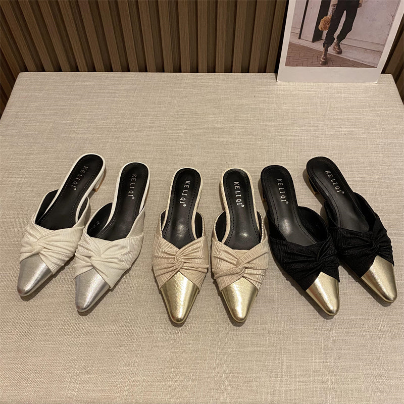 Retro fragrant pleated lady style color block low heel slippers