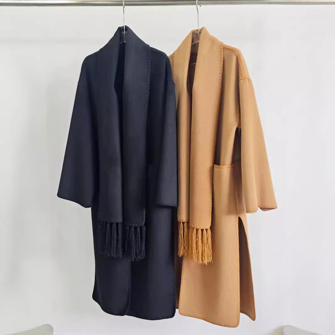 Autumn and winter loose slim camel wool blend embroidered scarf coat