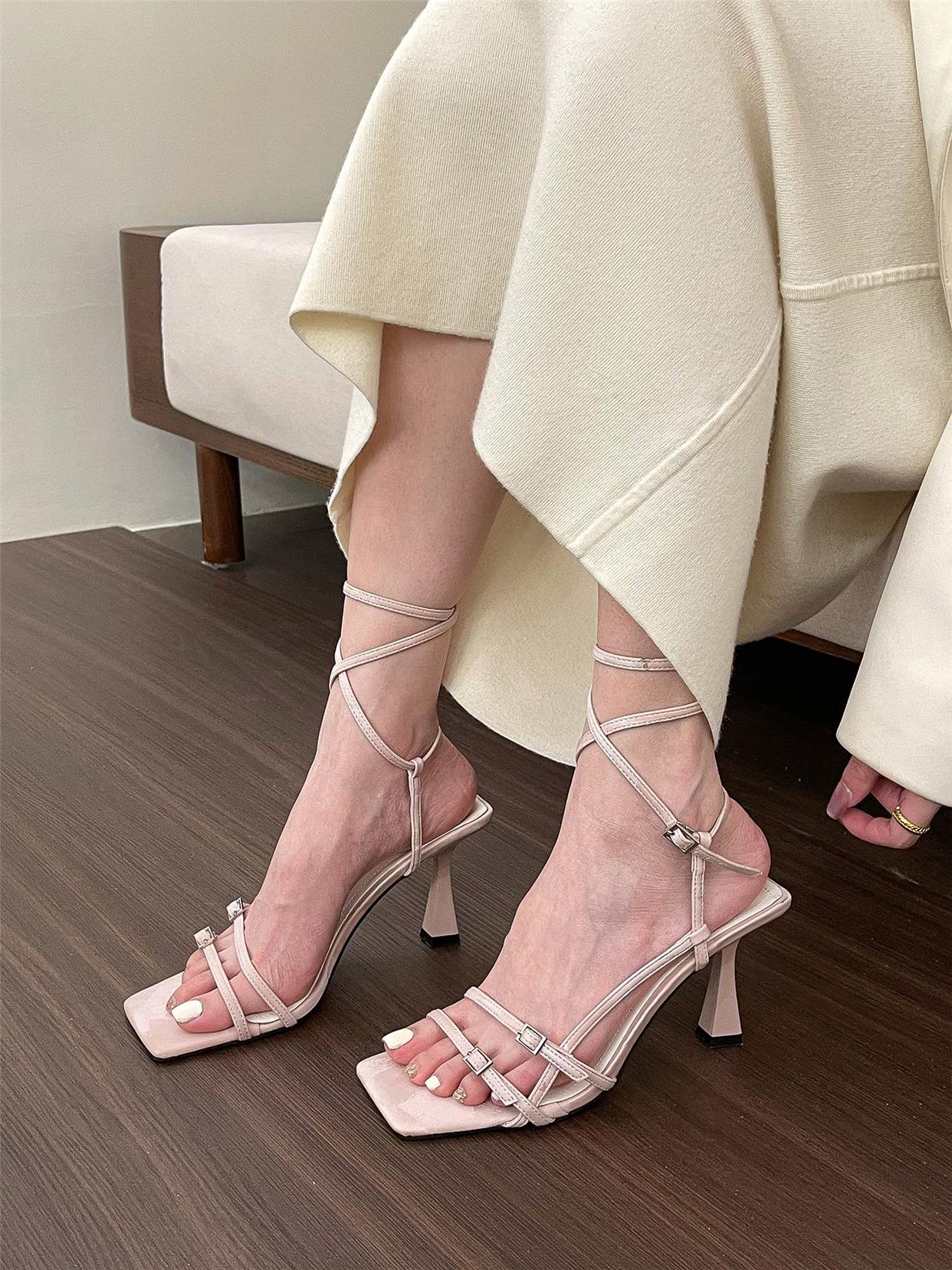 Strappy square toe open toe pumps