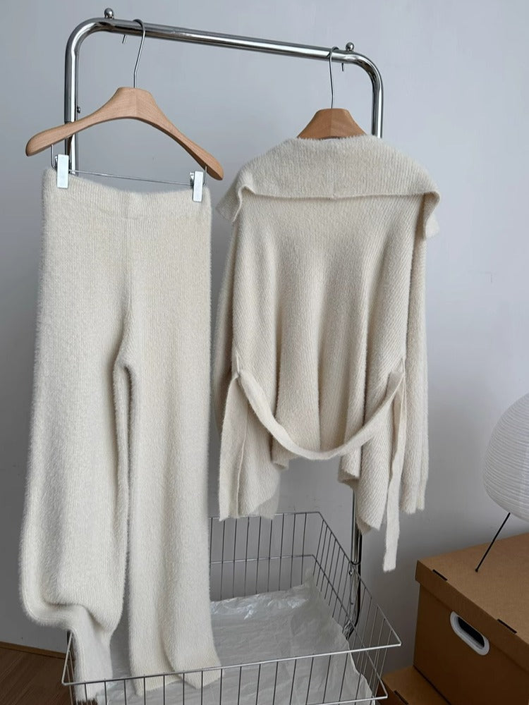 Faux Mink Jacket Vest Wide-Leg Pants Knitted Three-Piece Set