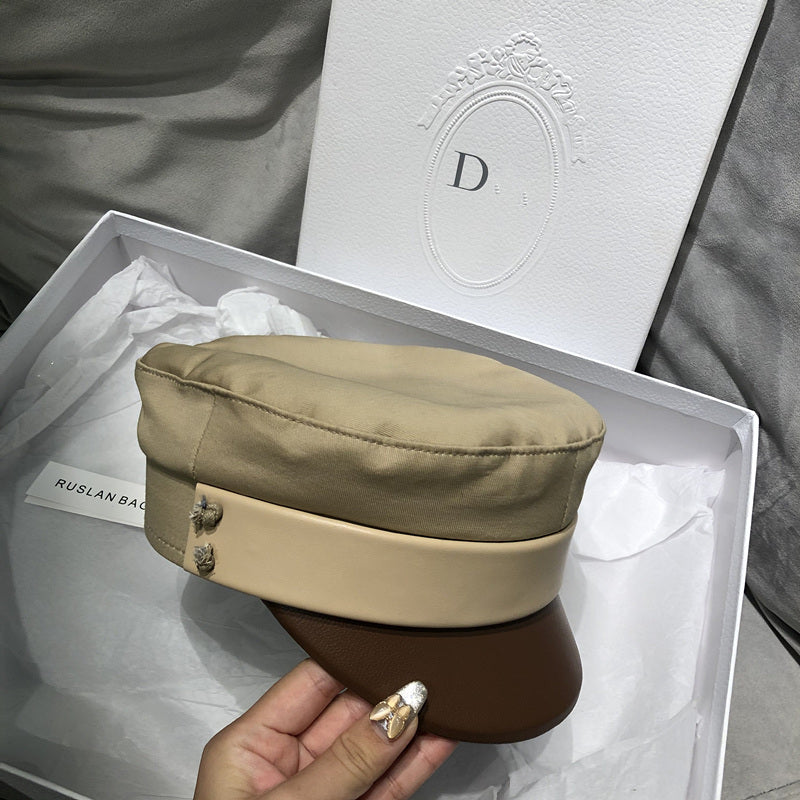 Versatile octagonal hat with leather brown peaked cap