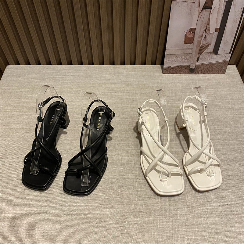 Fairy style square toe thin strap Roman shoes